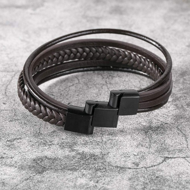 Murtoo Mens Leather Bracelet with Clasp Cowhide Multi-Layer Braided Leather Mens Bracelet - Image 3